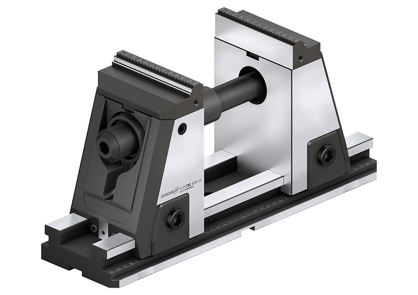 SLIM 5-AXIS VISE WITH TOOL-FREE JAW QUICK-CHANGE AND ACTIVE PULL-DOWN FUNCTION FOR PRECISE MACHINING OF THE SIXTH SIDE